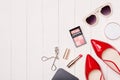 Top view of cosmetics and female accessories. Woman Essentials. Royalty Free Stock Photo