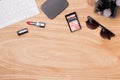 Top view of cosmetics and female accessories. Woman Essentials. Royalty Free Stock Photo