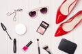 Top view of cosmetics and female accessories. Woman Essentials. Royalty Free Stock Photo