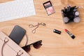 Top view of cosmetics and female accessories. Woman Essentials. Royalty Free Stock Photo