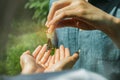 Top view Couple has a new home, giving each other the keys in their hands happily. Royalty Free Stock Photo