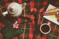 Top view of cozy autumn morning at home. Breakfast with pot of tea and bagel Royalty Free Stock Photo