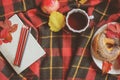 Top view of cozy autumn morning at home. Breakfast with pot of tea Royalty Free Stock Photo