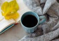 Top view of cozy blanket, open book and hot cup of coffee on a cold day. Relaxation and hygge concept. Top view with copy Royalty Free Stock Photo
