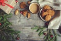 top view of cozy Christmas and winter setting with homemade cookies Royalty Free Stock Photo