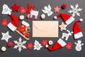 Top view of craft envelope. New Year decorations on black background. Merry Christmas concept Royalty Free Stock Photo