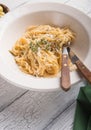 Top view of Creamy cheese , olives, Fettucini Alfredo pasta