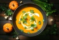 Top View of Creamy Pumpkin and Carrot Soup with Fresh Parsley on Dark Wooden Background - Copy Space Included Royalty Free Stock Photo