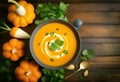 Top View of Creamy Pumpkin and Carrot Soup with Fresh Parsley on Dark Wooden Background - Copy Space Included Royalty Free Stock Photo