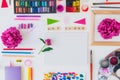 Top view creative artist workplace. Blank Canvas, Art class lettering on wooden blocks and various colorful painting materials and Royalty Free Stock Photo