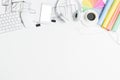 Creative table with devices and supplies Royalty Free Stock Photo