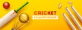 Top view of cricket equipments such as golden trophy, wicket stump, bat and ball. Royalty Free Stock Photo