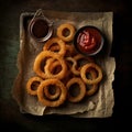 Top view of crispy onion rings