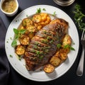 Top View Croissant Dish With Roasted Catfish Steak And Eggplant