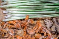 Top view and crop dry Thai herbs Turmeric and Citronella on bamboo tray background