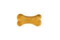 Top view of crunchy brown bone shaped dog biscuit as a treat isolated on white background close up.