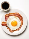 Top view of cup of americano and plate of fried egg with bacon.