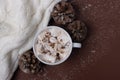 Top view of cup of cocoa with marshmallows, white sweater, pine cones and snow on brown background. Autumn and winter concept.