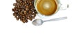 Top view cup of coffee in beside have many coffee beans and spoon on white background Royalty Free Stock Photo