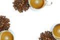 Top view cup of coffee in beside have many coffee beans on white background, have copy space in middle Royalty Free Stock Photo