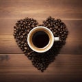 Top view of Cup of coffee with heart shape smoke and coffee beans. Heart symbol, roasted coffee beans in rustic wooden background Royalty Free Stock Photo