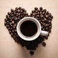 Top view of Cup of coffee with heart shape smoke and coffee beans. Heart symbol, roasted coffee beans in wooden background. Beans Royalty Free Stock Photo