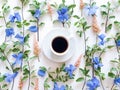 Top view of a cup of coffee / hot chocolate and floral decor - fresh greens, blue and pink flowers on a white background. Flatlay Royalty Free Stock Photo