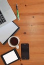 Top view of cup of coffee, keyboard, notebook, tablet, smartphone, green plant and notebook and pen at workplace.