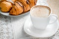 Top view on a cup of coffee with milk, croissants on a wooden table