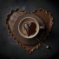 Top view of a cup of coffee with a painted heart. Tray as a heart. Heart as a symbol of affection and Royalty Free Stock Photo