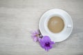 Top view of cup of coffee with purple flowers on white wooden table background. Food drink decoration backgrounds concept. Royalty Free Stock Photo