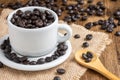 Top view of cup of coffee with white plate with coffee beans, wooden spoon on burlap and wooden table Royalty Free Stock Photo