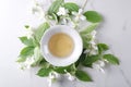 Top view of cup of green tea, resh jasmine plants on the white table.Healthy and antioxidant drink