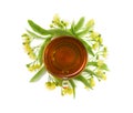 Top view of a cup herbal tea with blooming Tilia Other names: linden, basswood on white background. Top view, flat lay Royalty Free Stock Photo