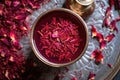 top view of a cup of hibiscus tea with dried petals scattered around Royalty Free Stock Photo