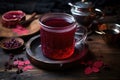 top view of a cup of hibiscus tea with steam rising, on a rustic table Royalty Free Stock Photo