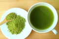 Top View of a Cup of Hot Matcha Green Tea with a Plate of Matcha Tea Powder on Wooden Table Royalty Free Stock Photo