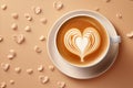 Top view of a cup of latte coffee with heart shaped art on foam, against a love themed background. Royalty Free Stock Photo