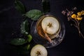 Top view of a cup of spiced tea with cinnamon and a slice of apple Royalty Free Stock Photo