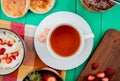 top view of cup of tea with white chocolate on teabag and bowl of cottage cheese with crispbreads and peach jam on green