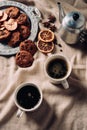 top view of cups of coffee with chocolate chip cookies and vintage metal pot Royalty Free Stock Photo