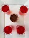 Top view of Cups with jelly and chocolate mousse