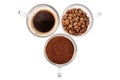 Top view, cups with made coffee, whole coffee beans and ground coffee