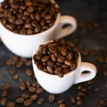 Top view of Cups with roasted coffee beans. Close up shot. Two white cups, small and big on grey blurred table with Royalty Free Stock Photo