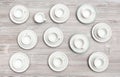 Top view of cups and saucers on gray brown table Royalty Free Stock Photo
