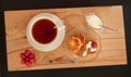 Top view on curd casserole with sour cream, black breakfast morning tea and fresh delicious strawberries Royalty Free Stock Photo