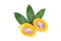 Top view of cut half ripe Sweet Yellow Marian Plum or Plum Mango with leaf Thai people call Ma Yong Chit on white background.