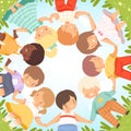 Top View of Cute Happy Kids Lying on Lawn in Circle, Little Smiling Friends Holding Hands Cartoon Vector Illustration Royalty Free Stock Photo