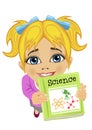 Top view of cute little girl offering science book