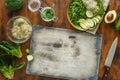 Top view cutting board ingredients cooking detox salad wooden ba